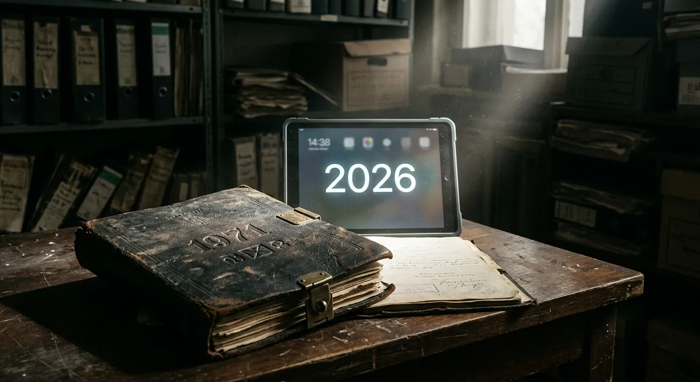 Historical 1971 census documents contrasted with a 2026 digital display