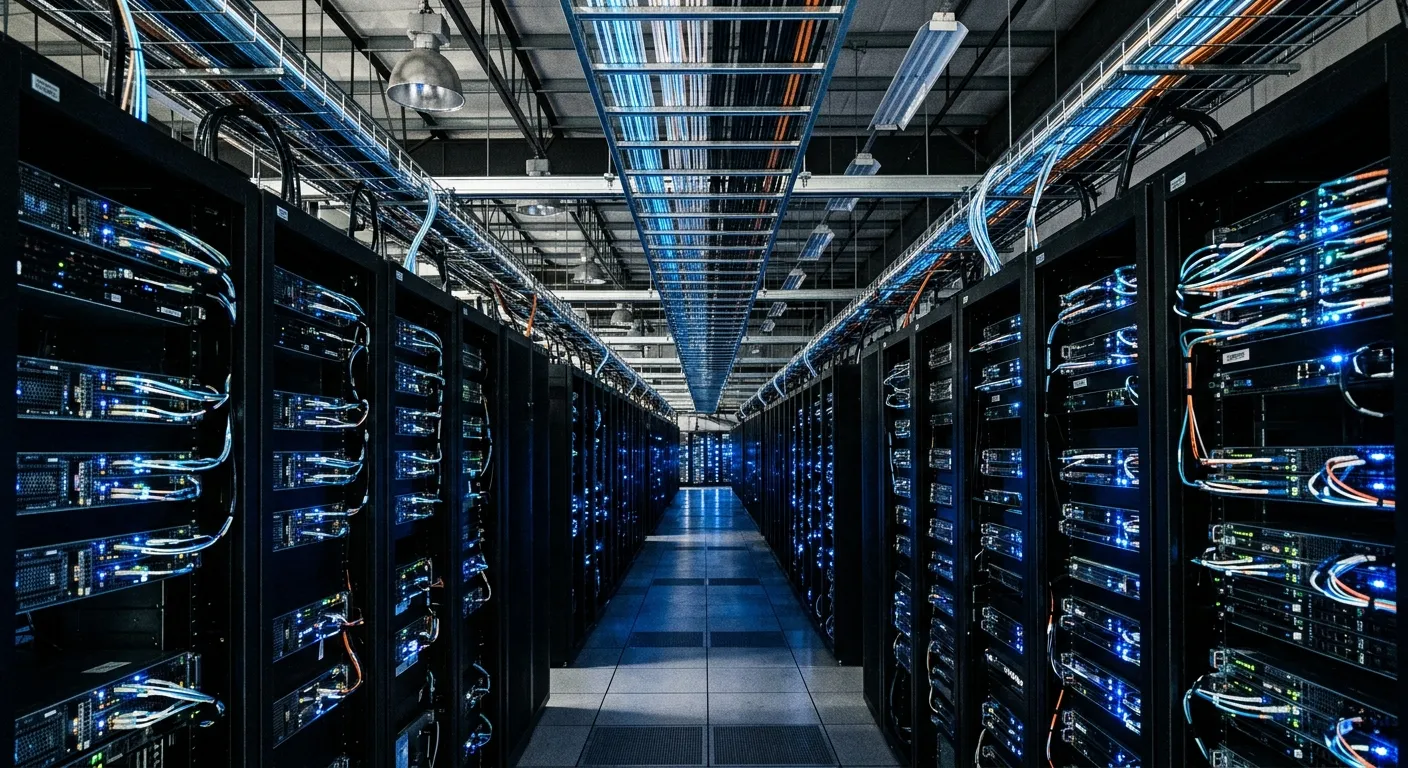 Endless rows of servers representing the massive data processing scale of the tax department