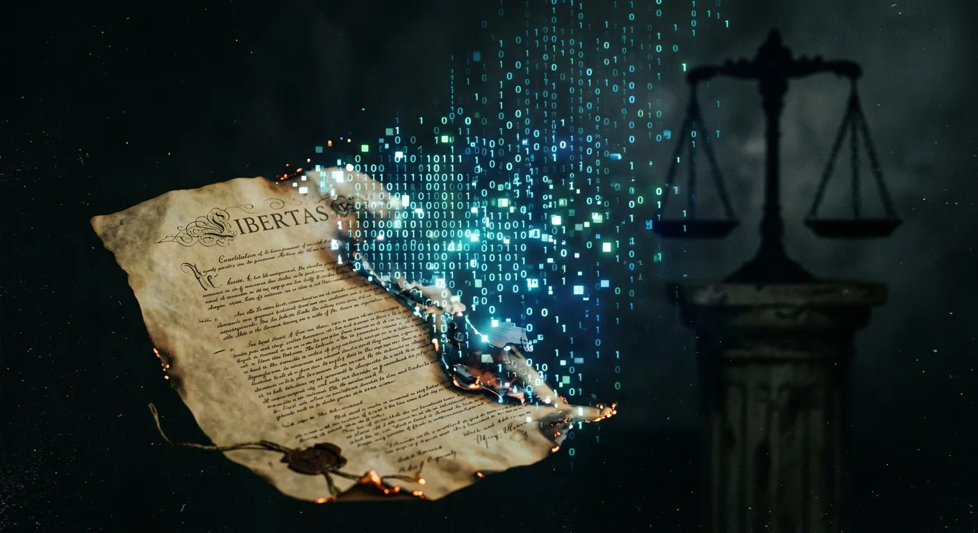 Legal document dissolving into digital code representing the loss of privacy safeguards
