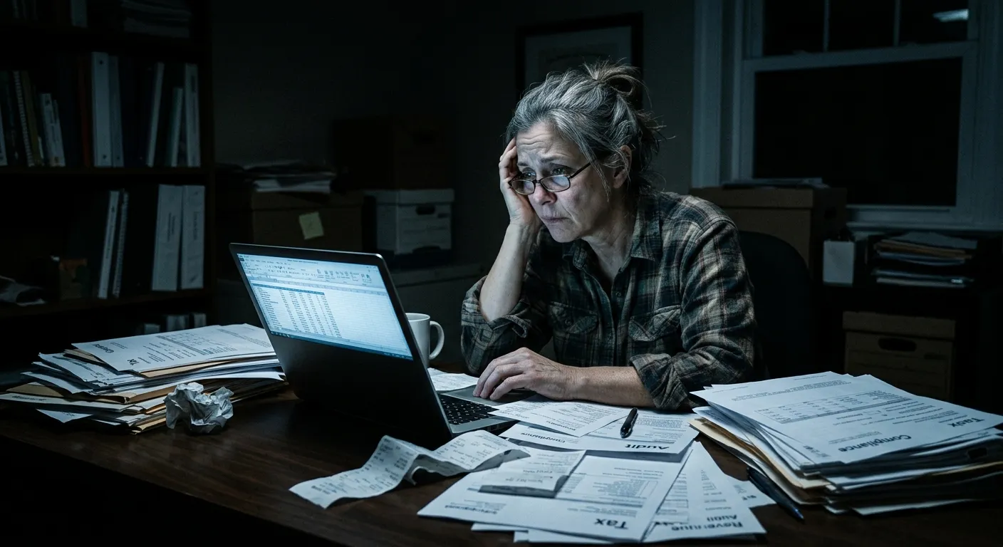 Stressed business owner working late at a laptop surrounded by paperwork