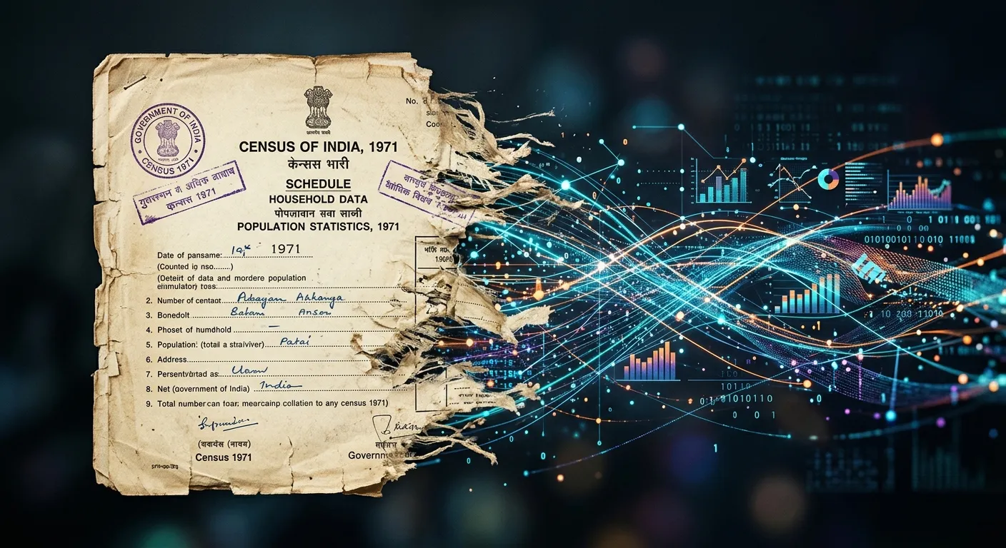 Abstract representation of vintage census data transitioning into modern digital data