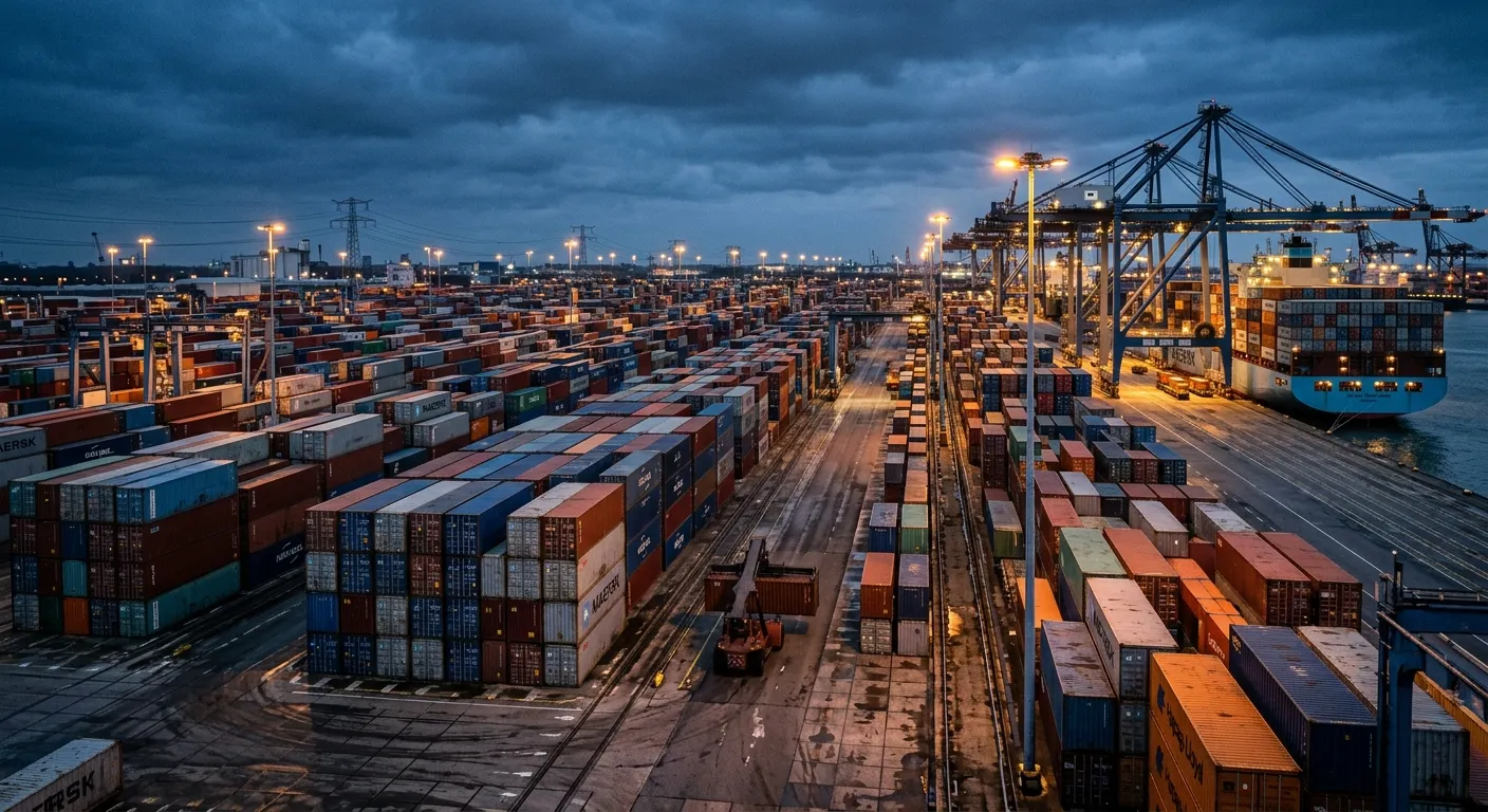Stacked cargo containers at an industrial shipping port at twilight
