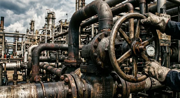 Close-up of industrial oil refinery pipes and a pressure valve