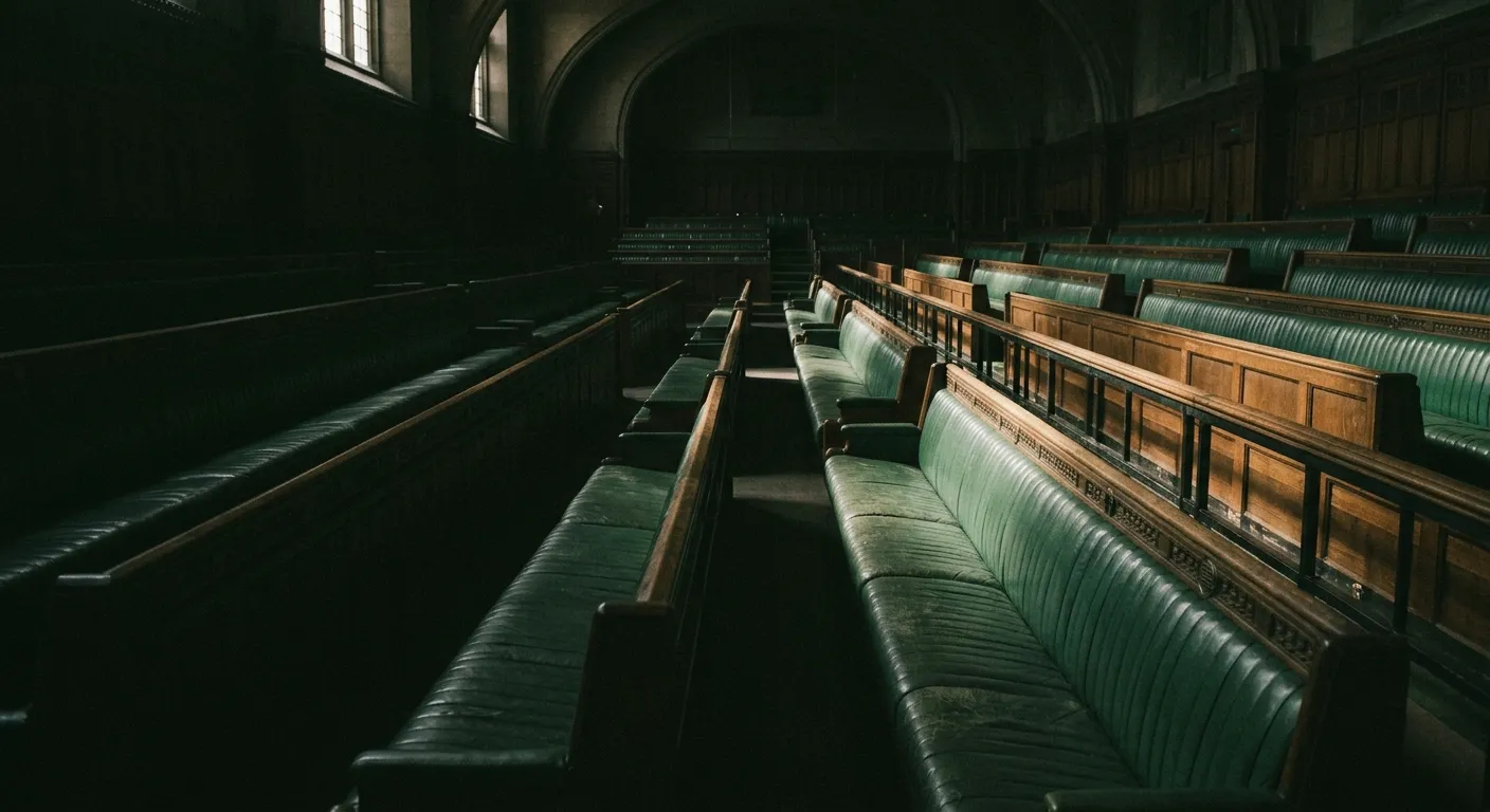 Empty parliamentary benches divided by a stark shadow