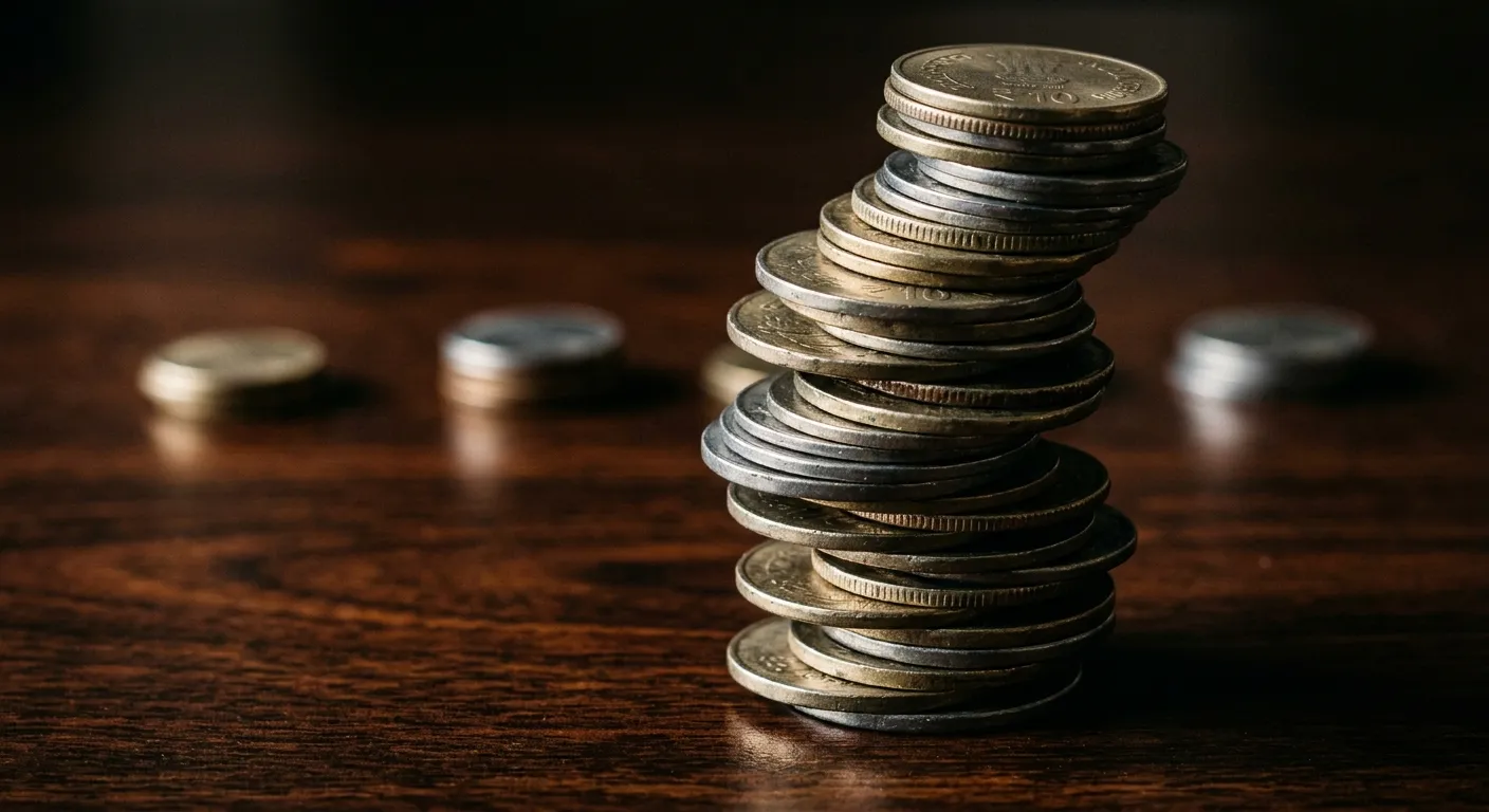 Uneven stacks of Indian Rupee coins representing fiscal disparity