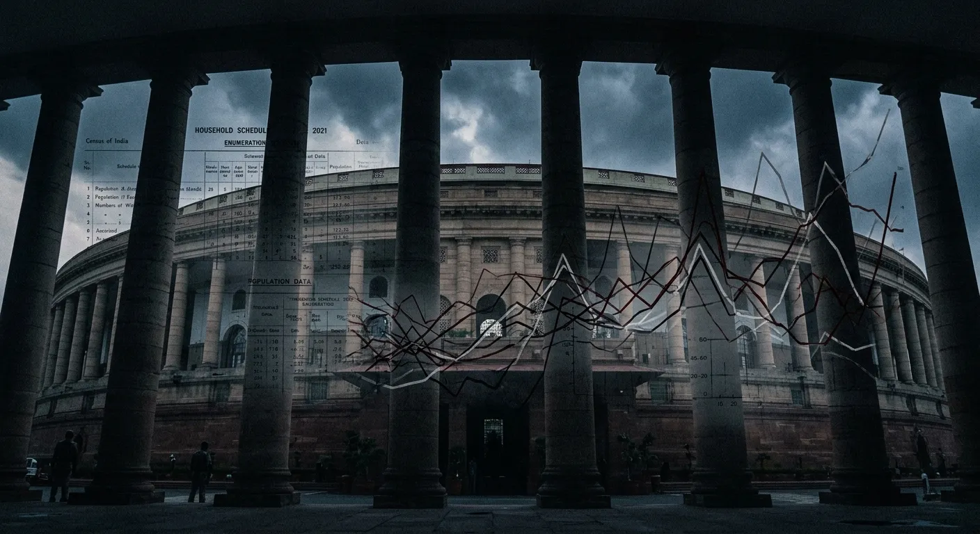 Indian Parliament building overlaid with fading census data and demographic charts