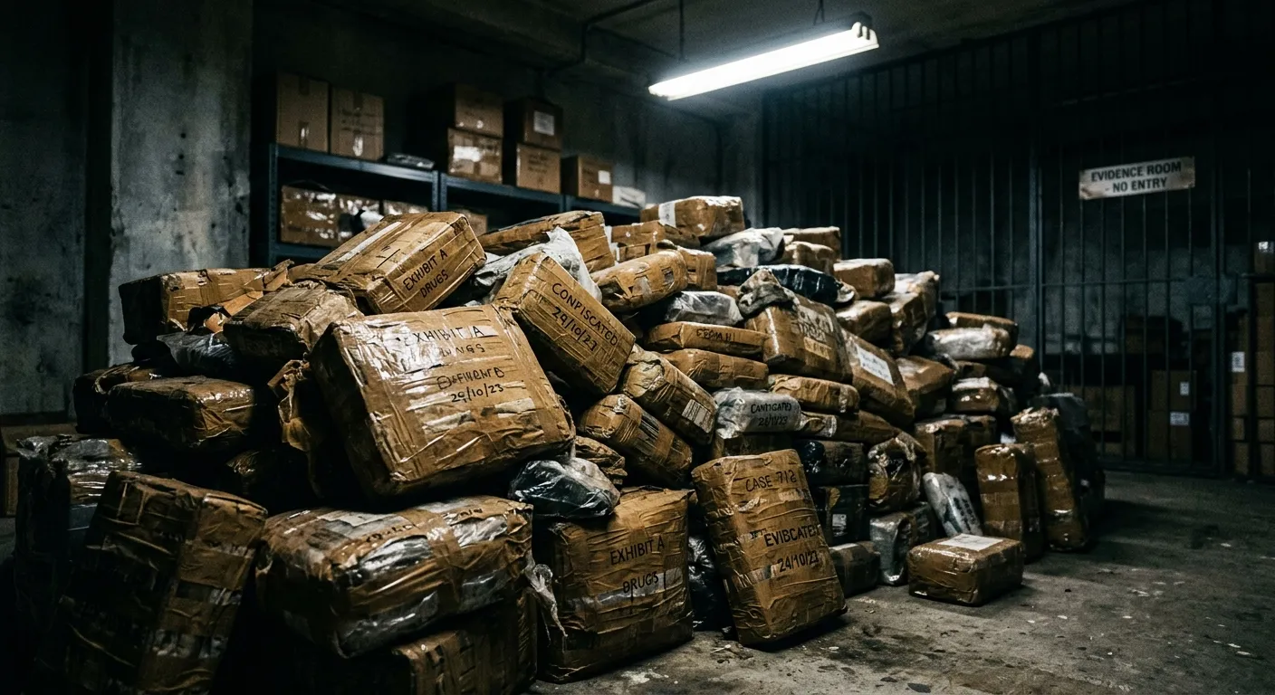 Confiscated contraband in a dimly lit evidence room