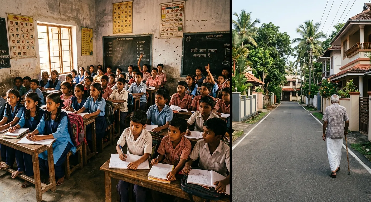 Split screen contrasting a youthful northern Indian classroom with an aging southern Indian street