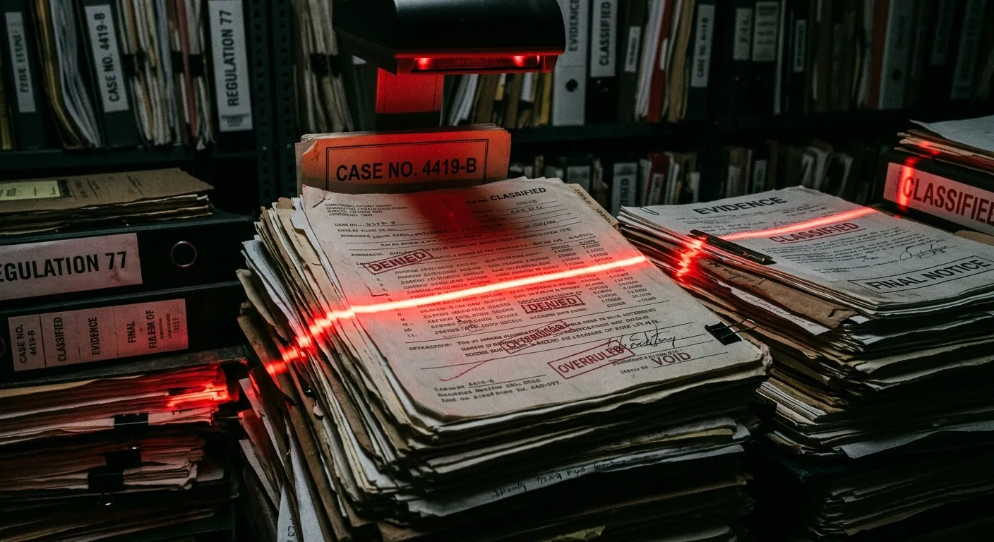 Legal documents being crossed out by a red laser light