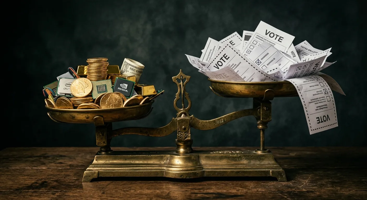 A balancing scale weighing gold coins against voting ballots
