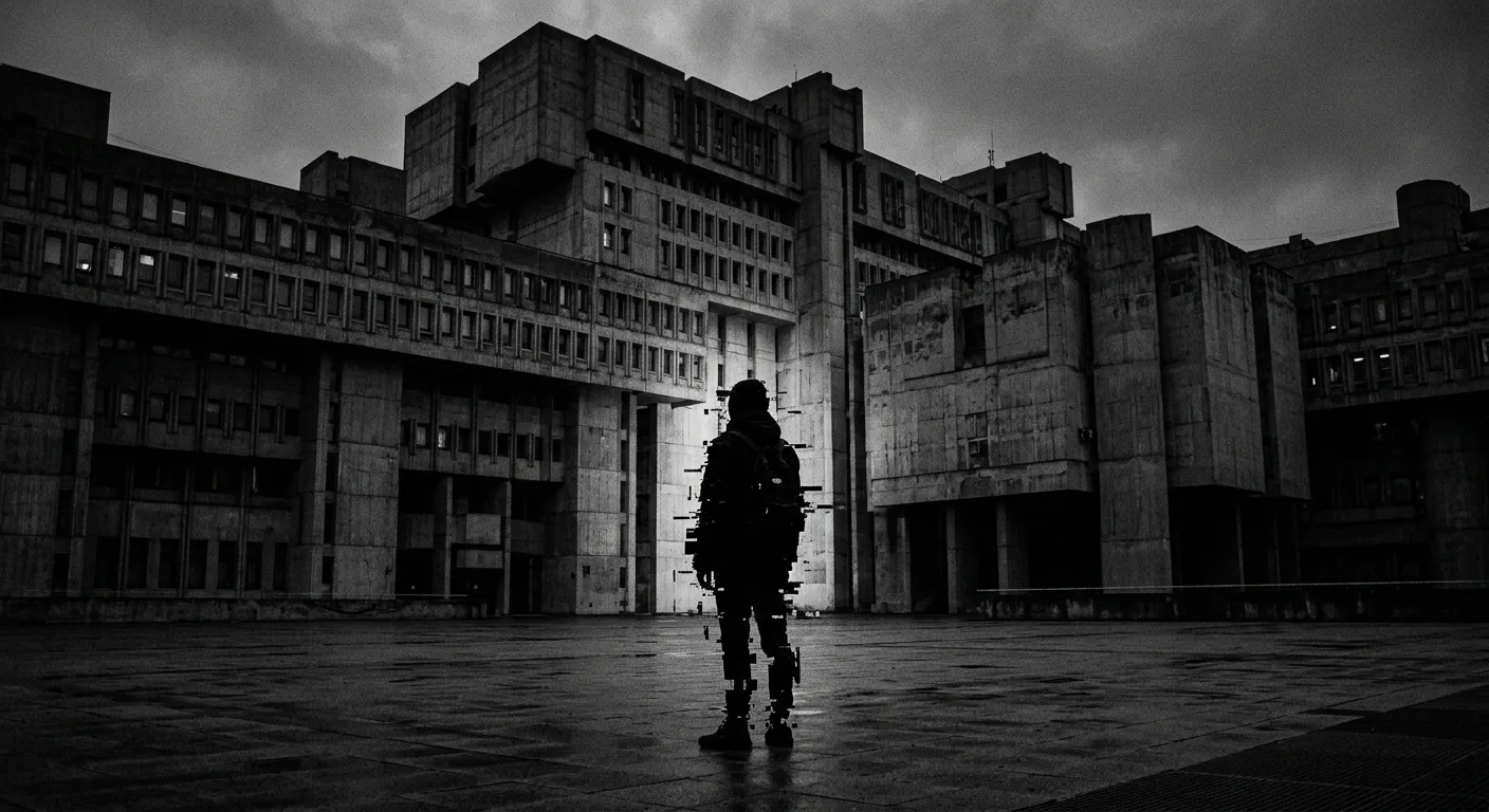 A silhouetted figure with a digital glitch effect standing before a brutalist building