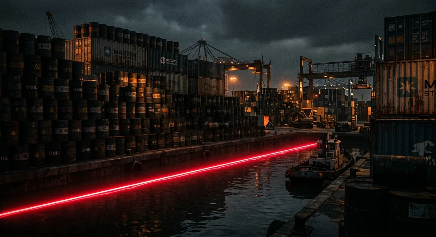 Oil barrels and shipping containers at a port with a red line indicating a blocked route