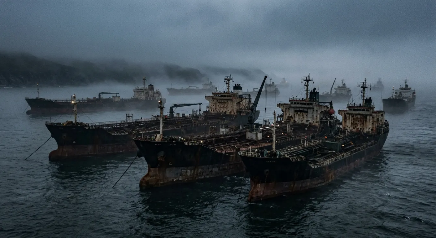 Unmarked oil tankers anchored in foggy waters