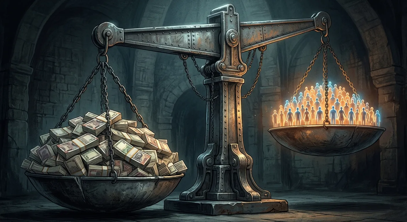 A scale balancing currency and human figures representing fiscal federalism