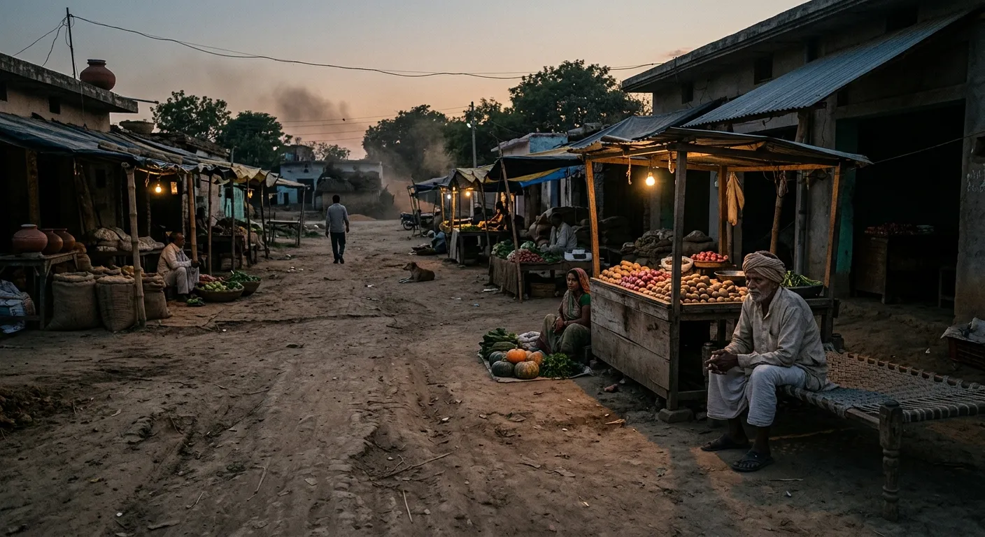 A quiet rural marketplace at dusk highlighting consumption distress