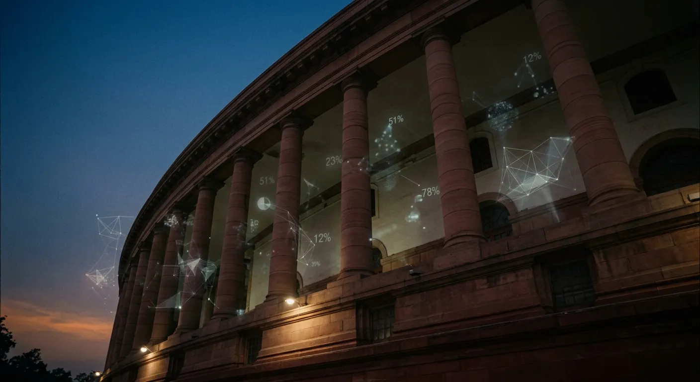 Supreme Court of India building overlaid with abstract data nodes
