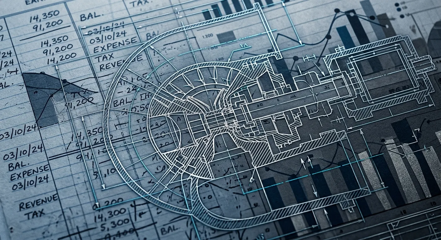 Abstract representation of financial costs and hydroelectric turbine blueprints