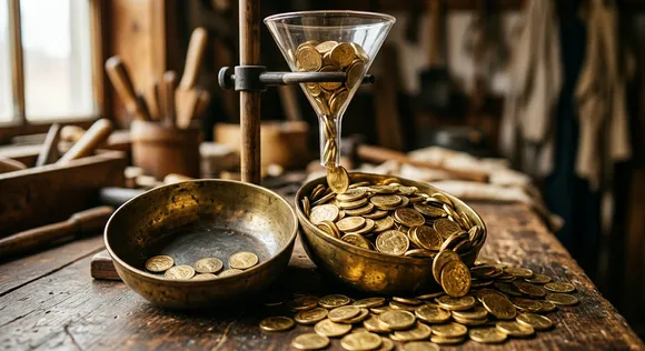 Golden coins flowing unevenly into different bowls, representing the unequal devolution of tax revenues.