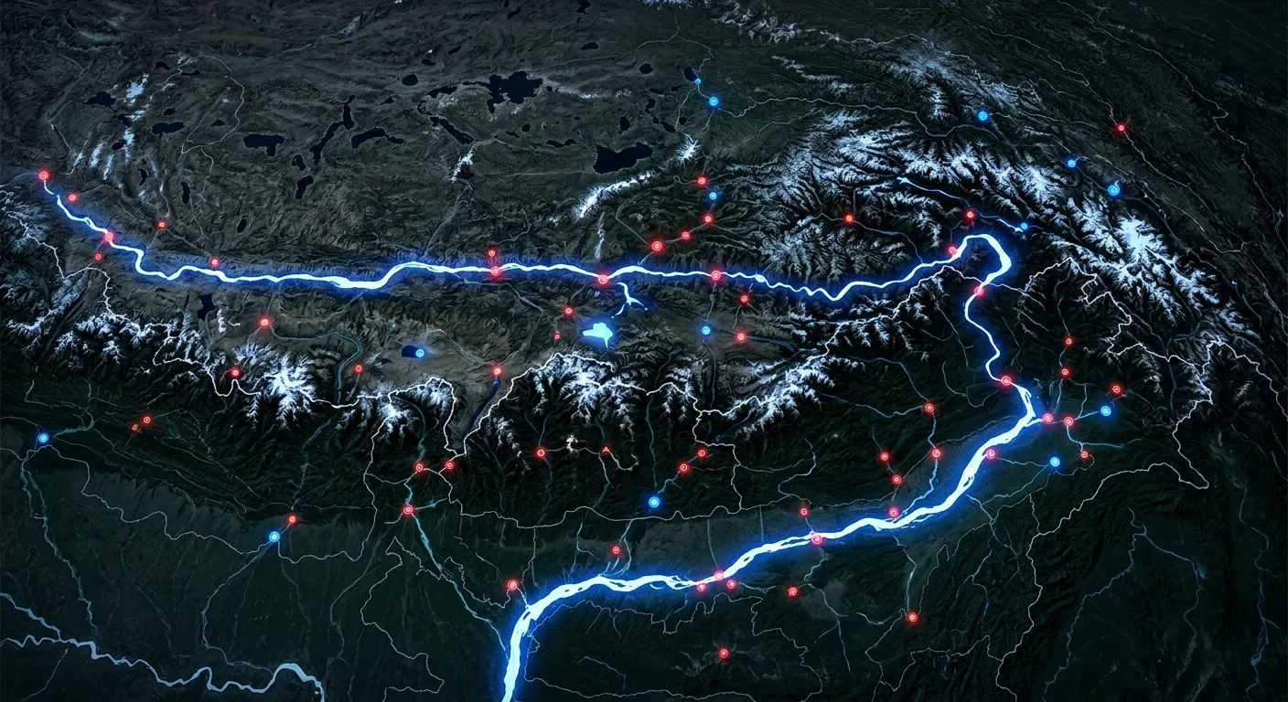 Topographical map of the Brahmaputra river showing strategic infrastructure nodes