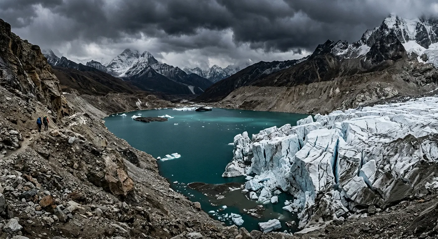 A fragile glacial lake in the Himalayas under ominous storm clouds