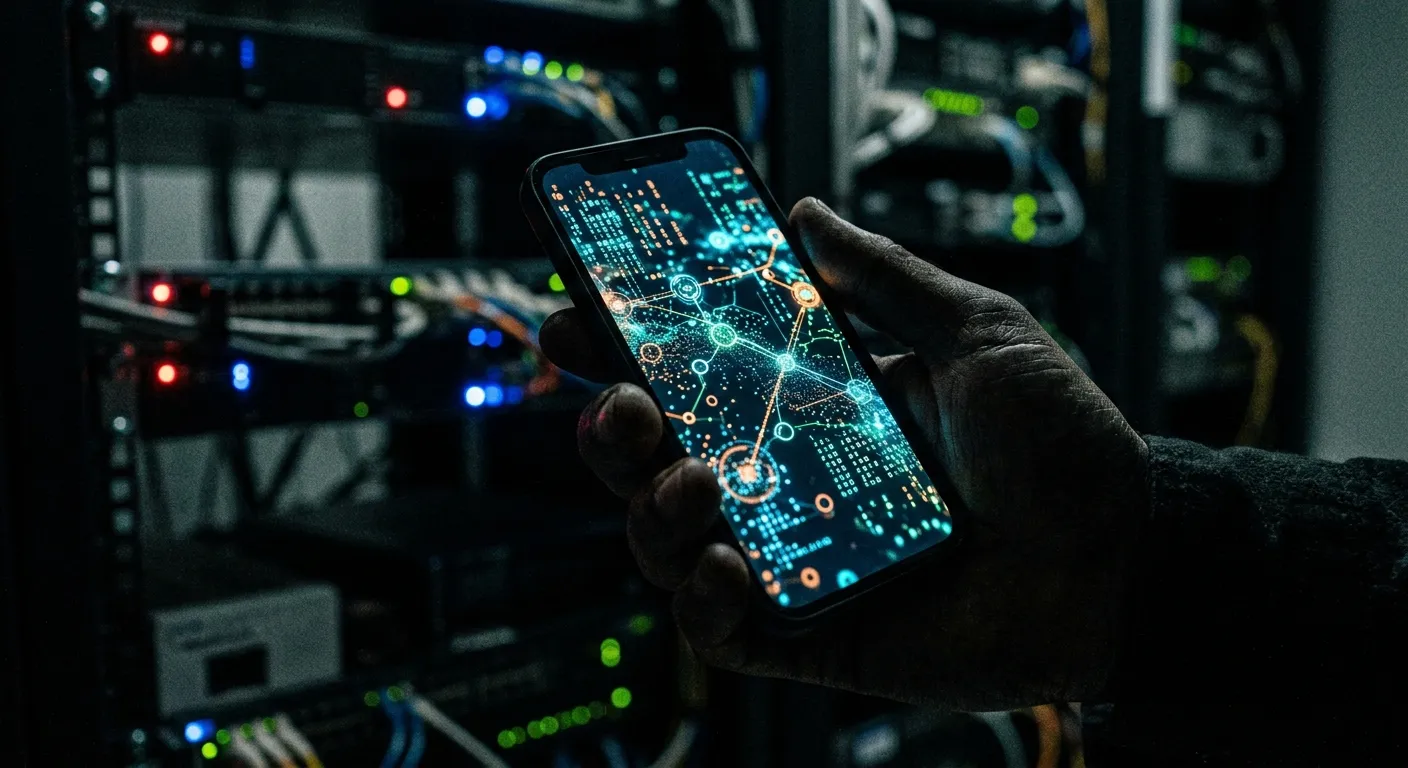 A smartphone displaying encrypted data streams in a dark room
