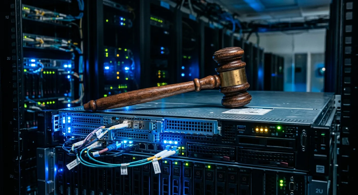 A legal gavel resting on a glowing server rack