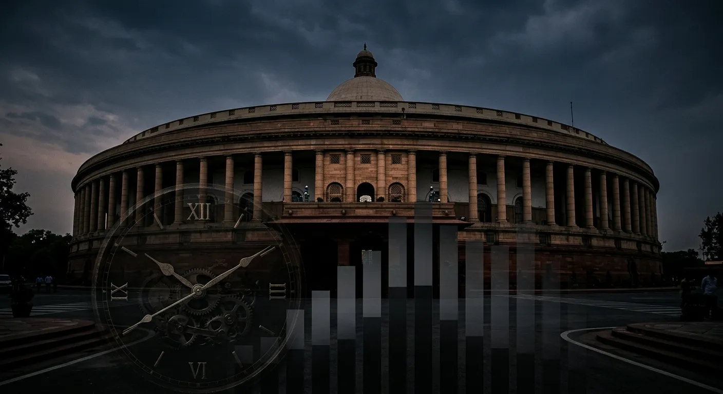 Indian Parliament building with abstract demographic data overlay