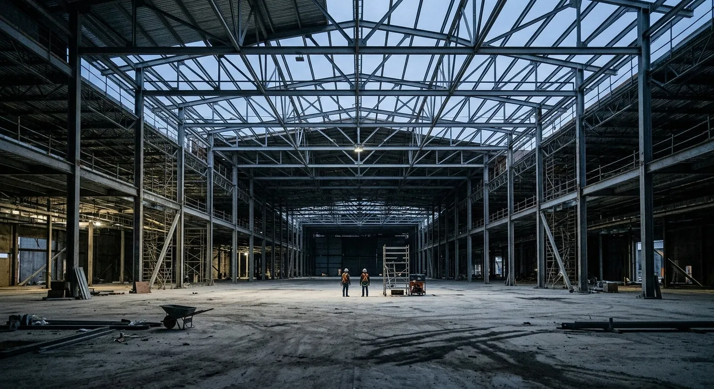 Empty massive convention center under construction showing infrastructure scale