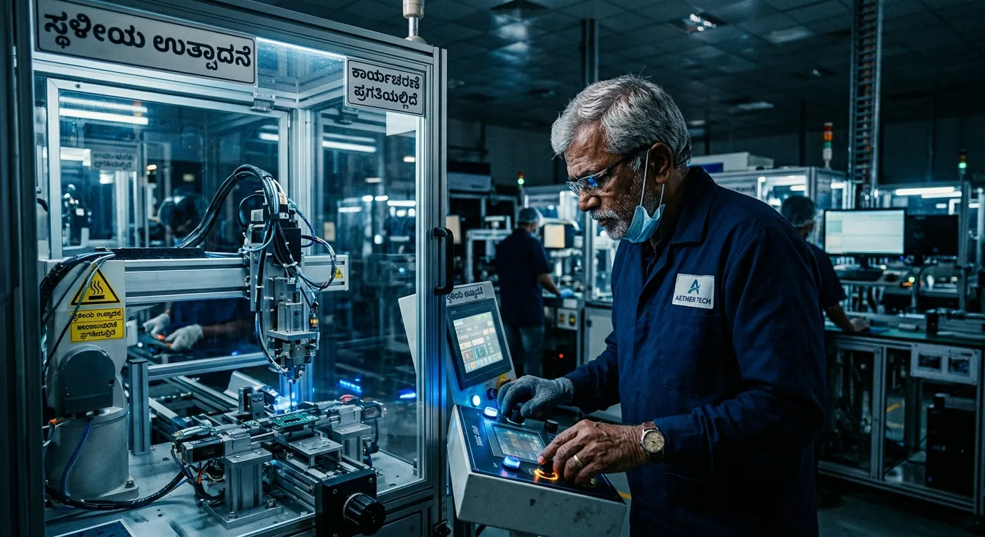 Aging worker in a modern South Indian manufacturing facility