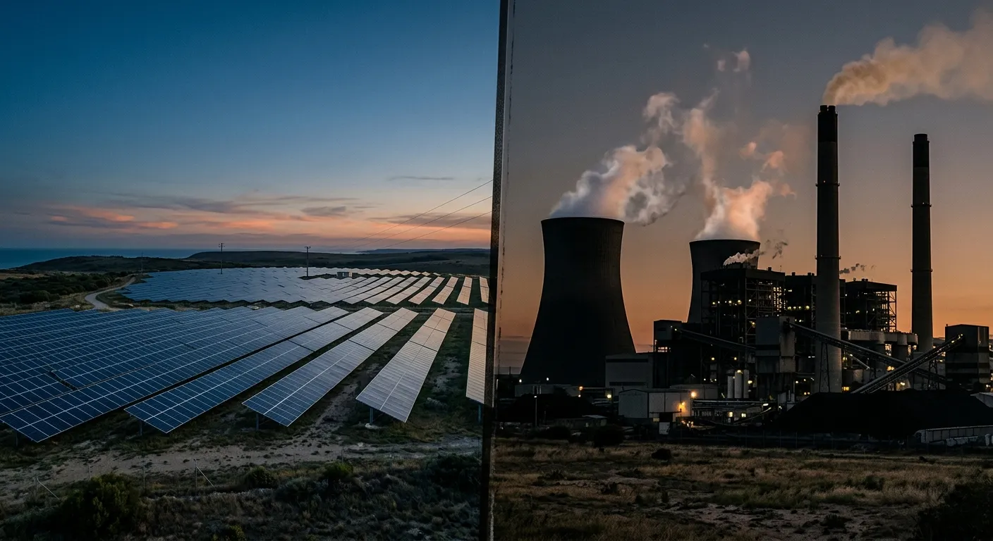 Contrast between modern solar panels and traditional coal power plant