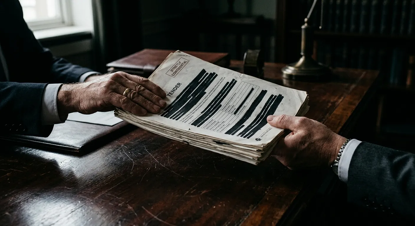 Hands exchanging redacted tender documents across a desk