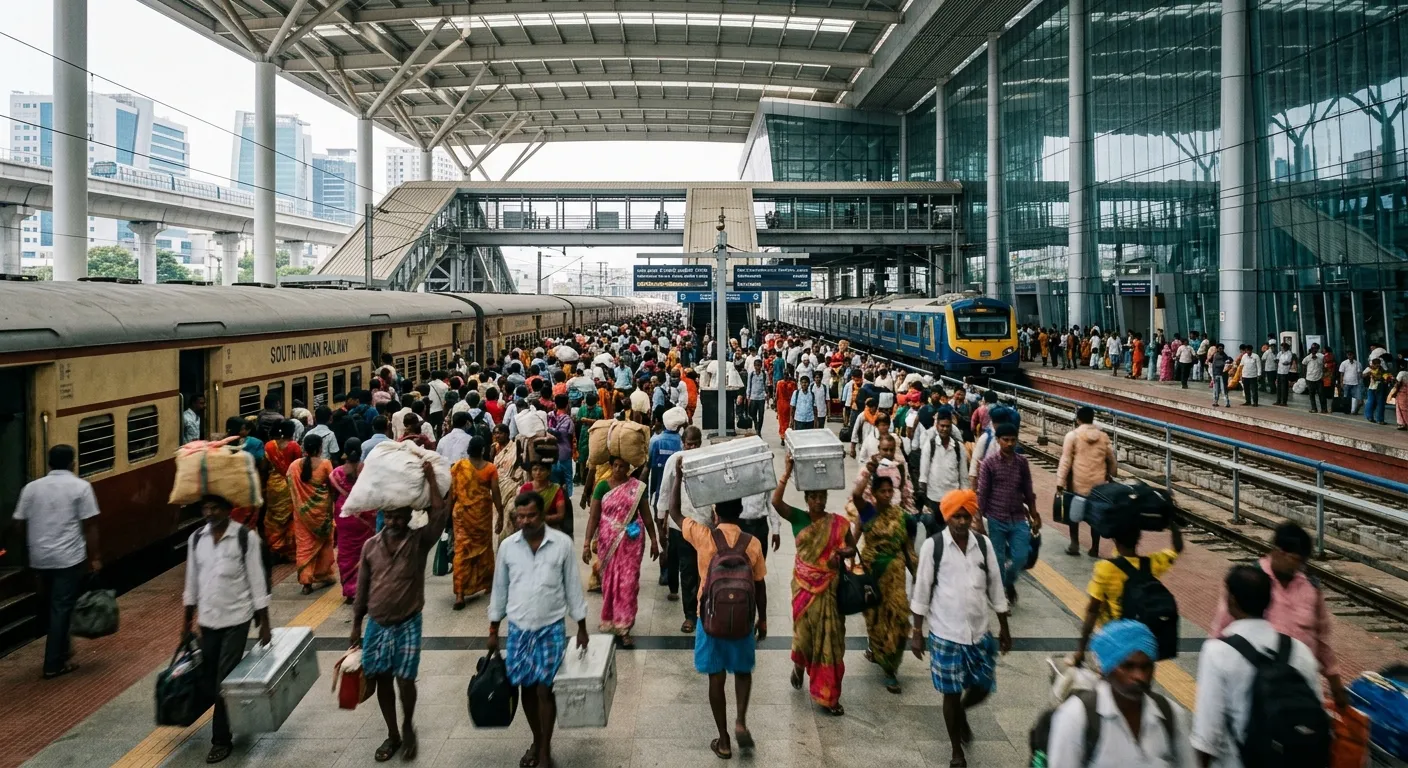 Migrant workers arriving at a modern South Indian railway station