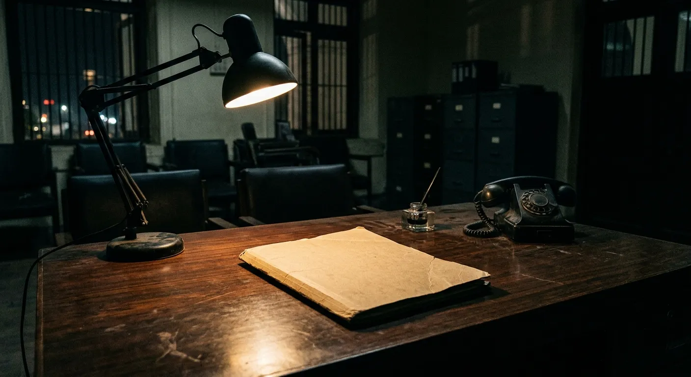 Empty bureaucratic desk with a single closed file folder under a lamp