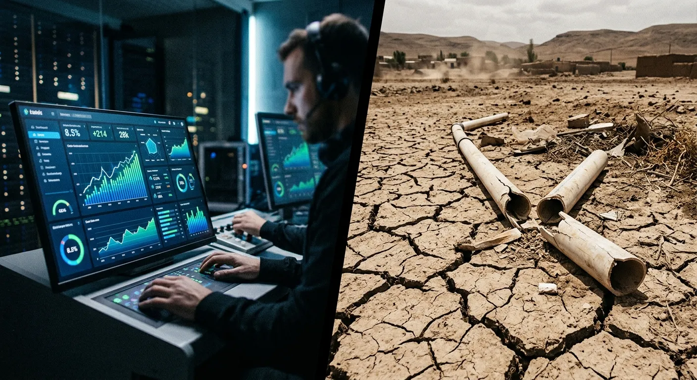 Split screen showing digital data dashboard versus broken physical water pipe on dry earth