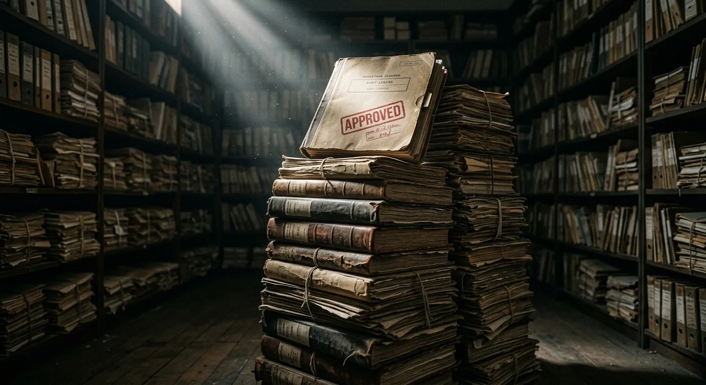 Dusty government audit files illuminated by a single beam of light