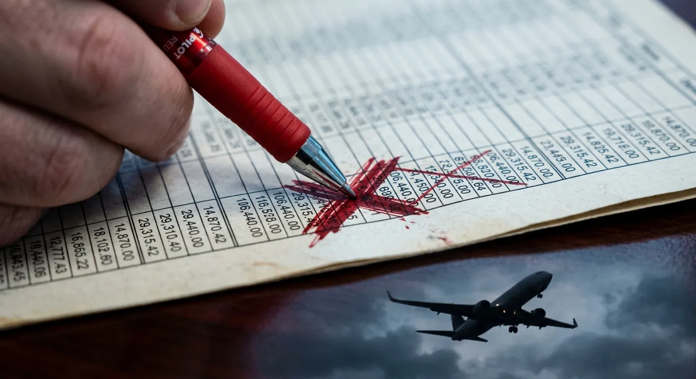 Financial ledger showing heavy losses with a red pen