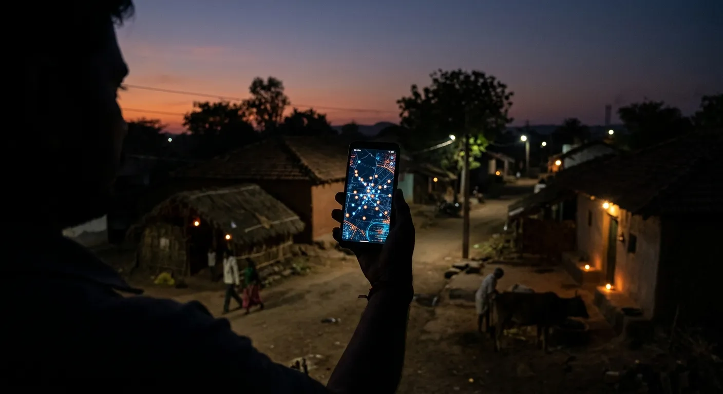 Silhouette of a hand holding a smartphone with satellite mapping in a rural setting