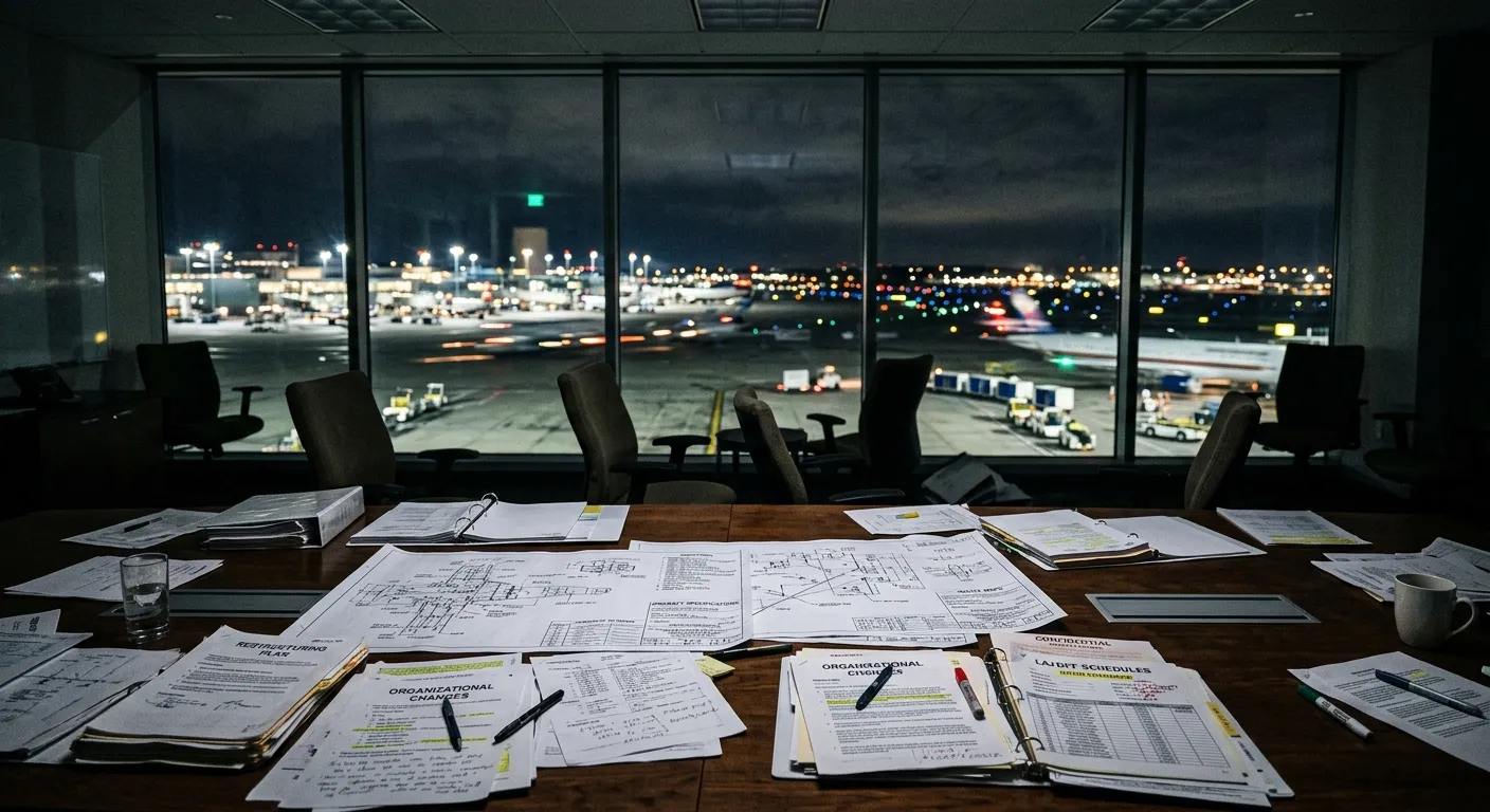Empty boardroom table with aviation blueprints