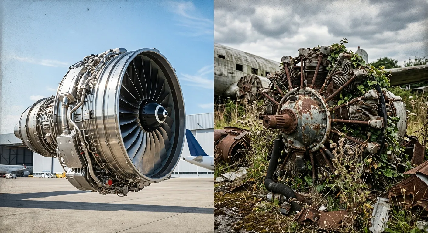 Contrast between a modern jet engine and a rusted grounded engine