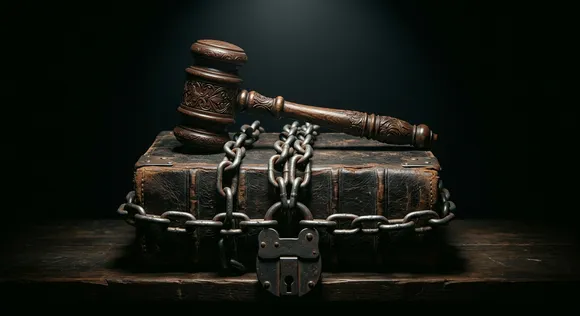 A gavel resting on a chained constitution book