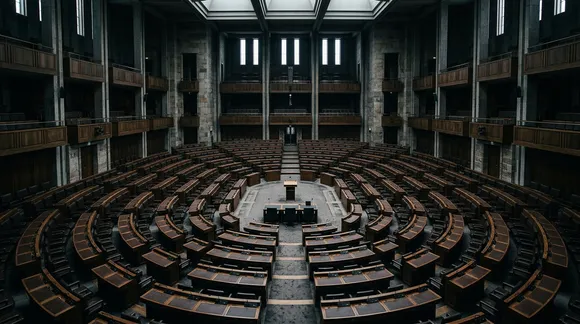 Empty parliamentary seating chamber emphasizing institutional scale