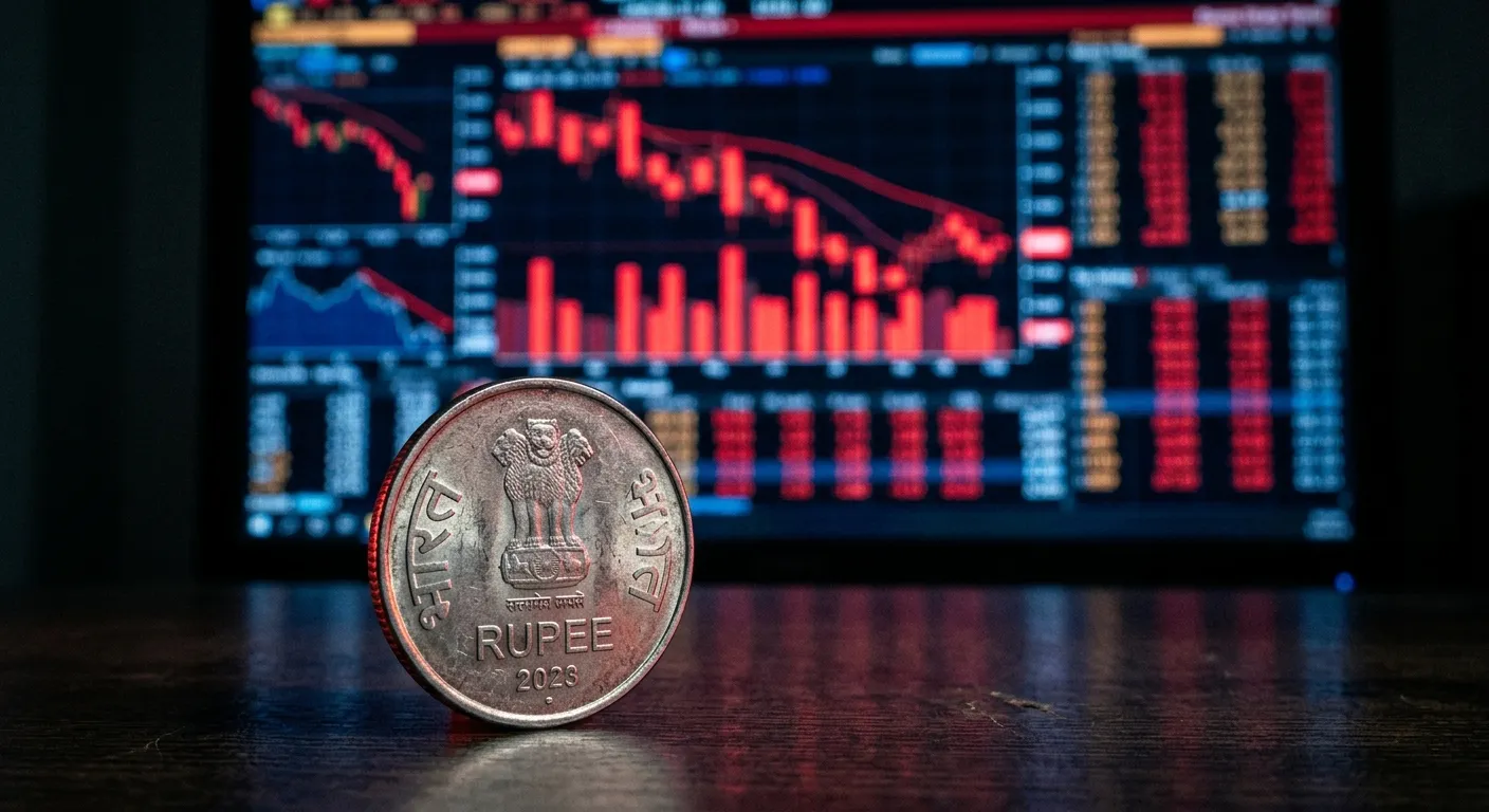 Indian Rupee coin resting in front of a digital trading screen showing red downward trends