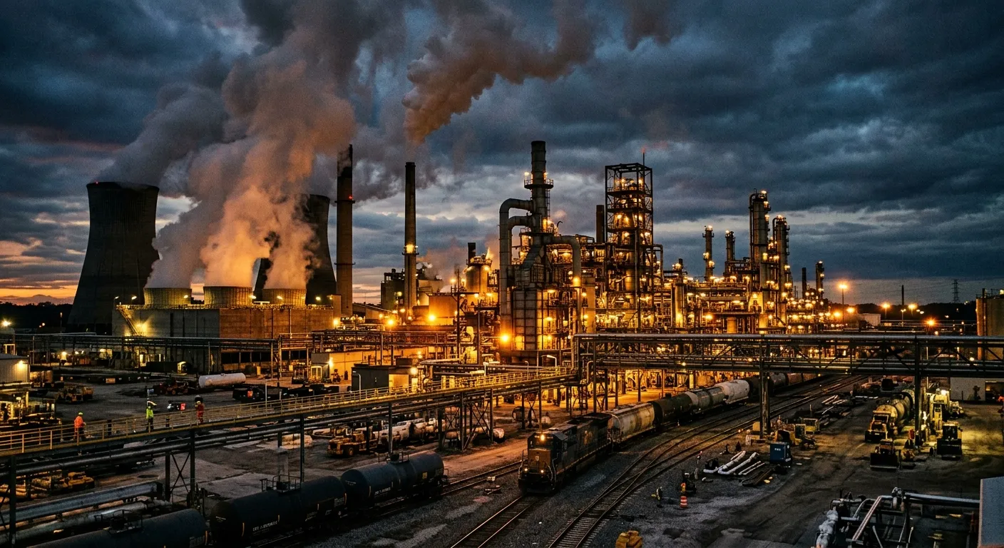 Heavy industrial complex emitting steam at twilight, representing industrial energy reliance