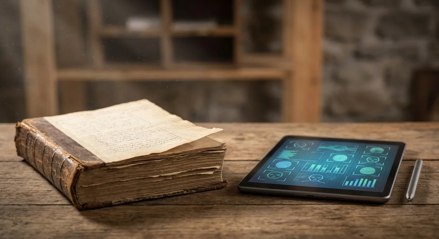 Juxtaposition of a 1931 census ledger and a modern digital enumeration tablet