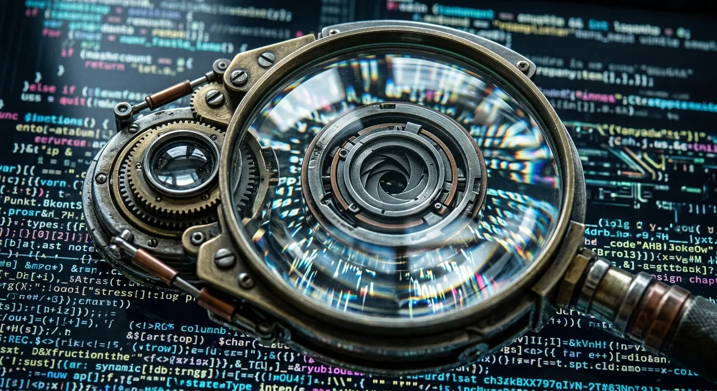 A mechanical eye magnifying computer code, representing algorithmic audits