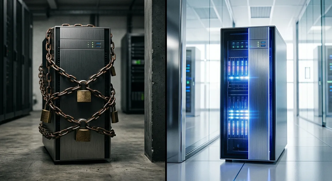 Chained corporate servers next to glowing state servers, symbolizing regulatory asymmetry