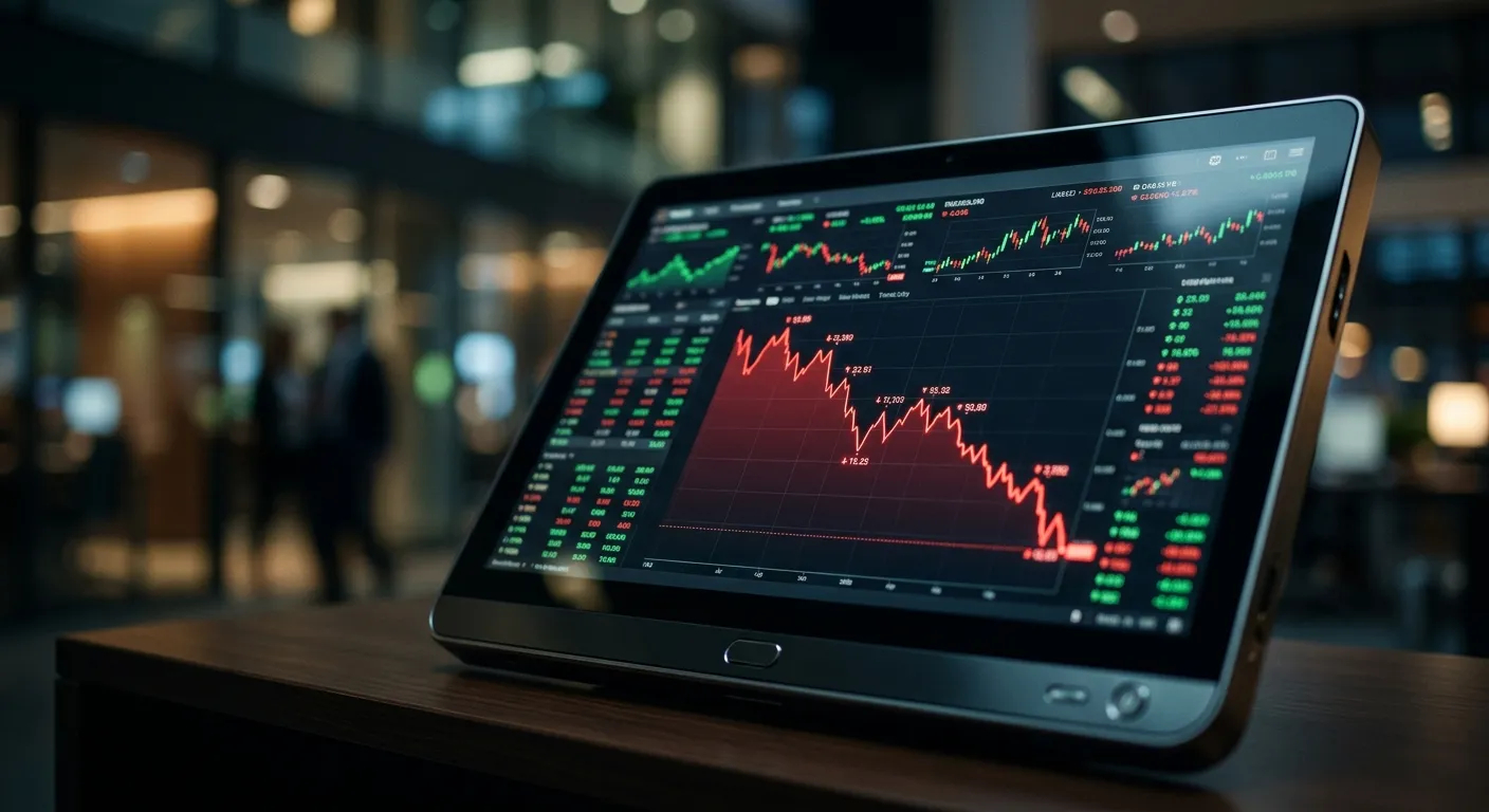 Digital financial terminal showing a declining trend line