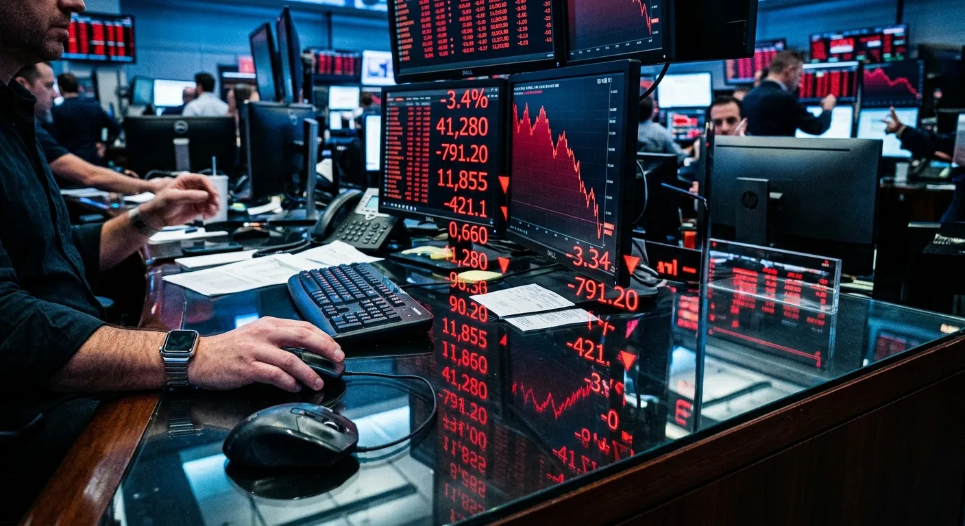 Red downward trending financial charts reflecting on a glass surface