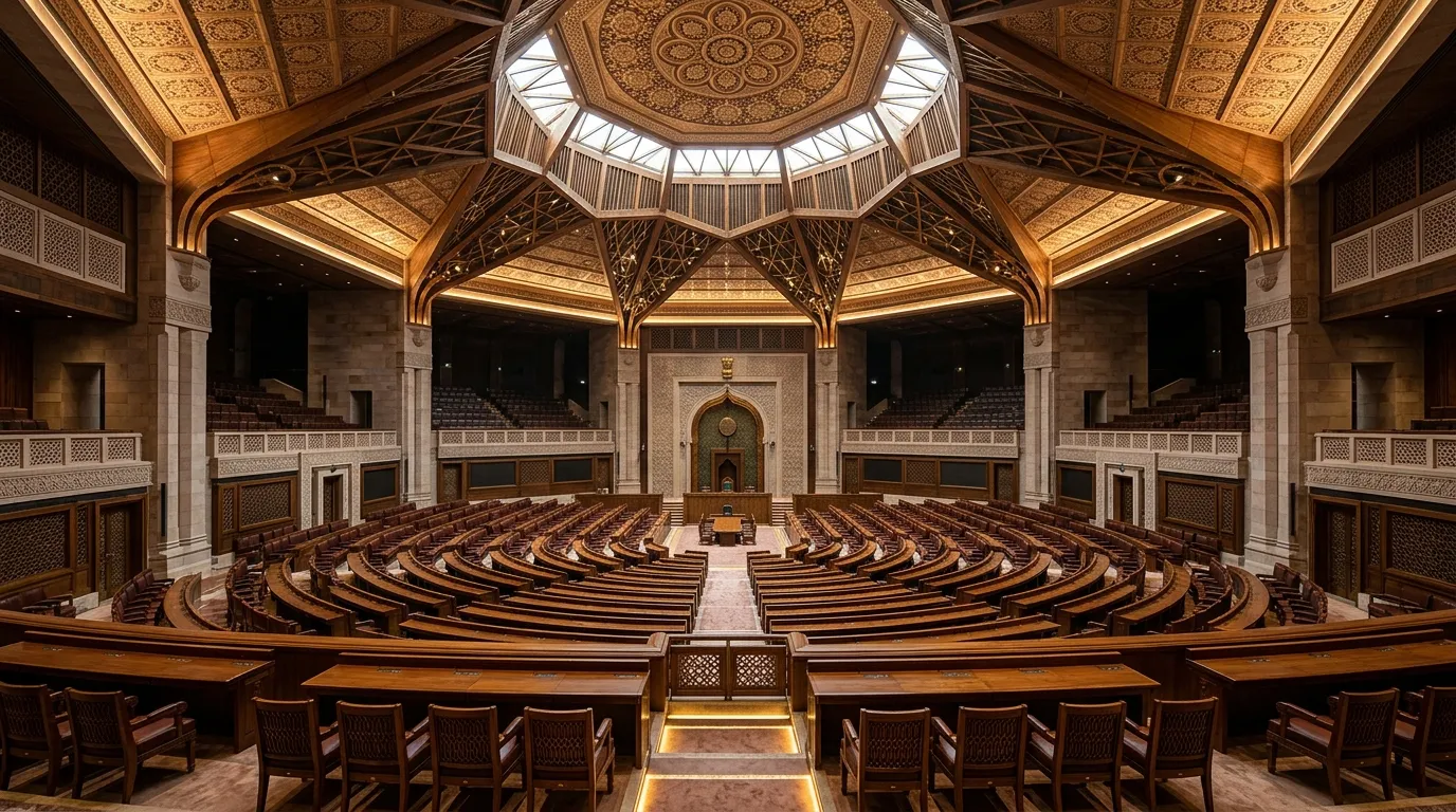 Expansive interior of a modern parliamentary chamber showing rows of empty seats