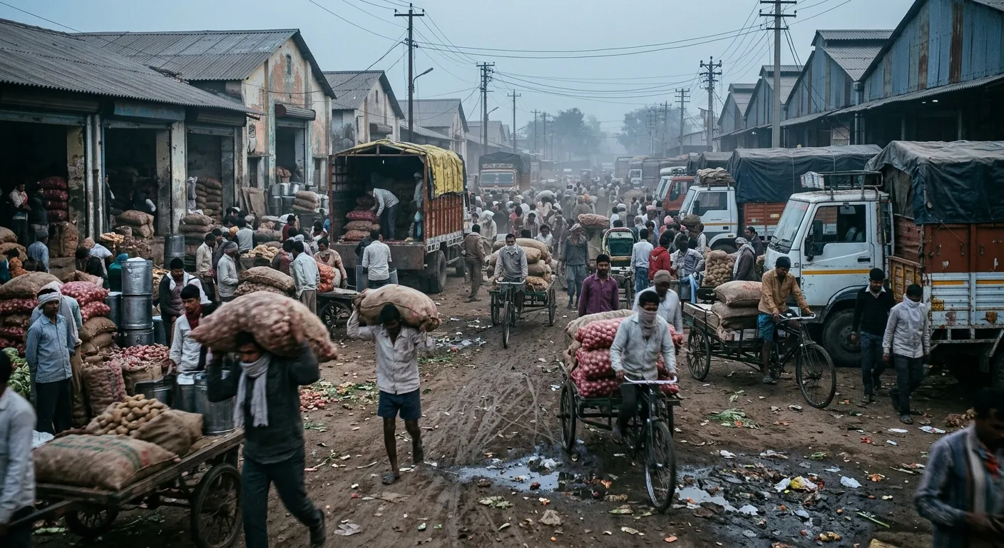 Bustling Indian wholesale market at dawn showing movement of goods